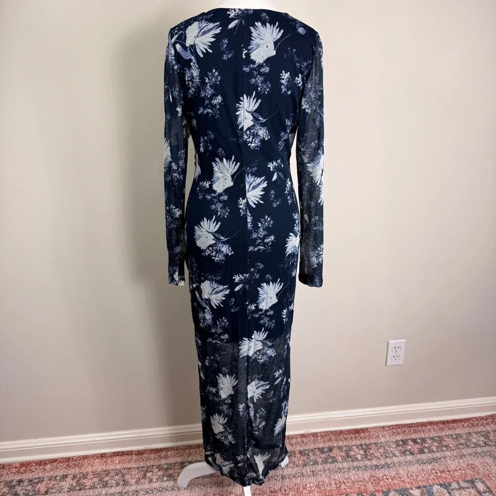 Abercrombie &‎ Fitch Navy Blue Floral Ruched Mesh Maxi Dress Large Stretch NWT